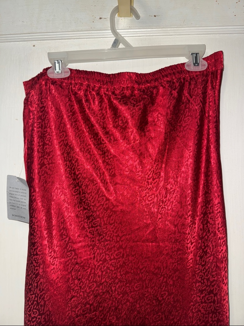 NSR Red Satin Maxi Skirt with Subtle Texture and front slit - Picture 3 of 9